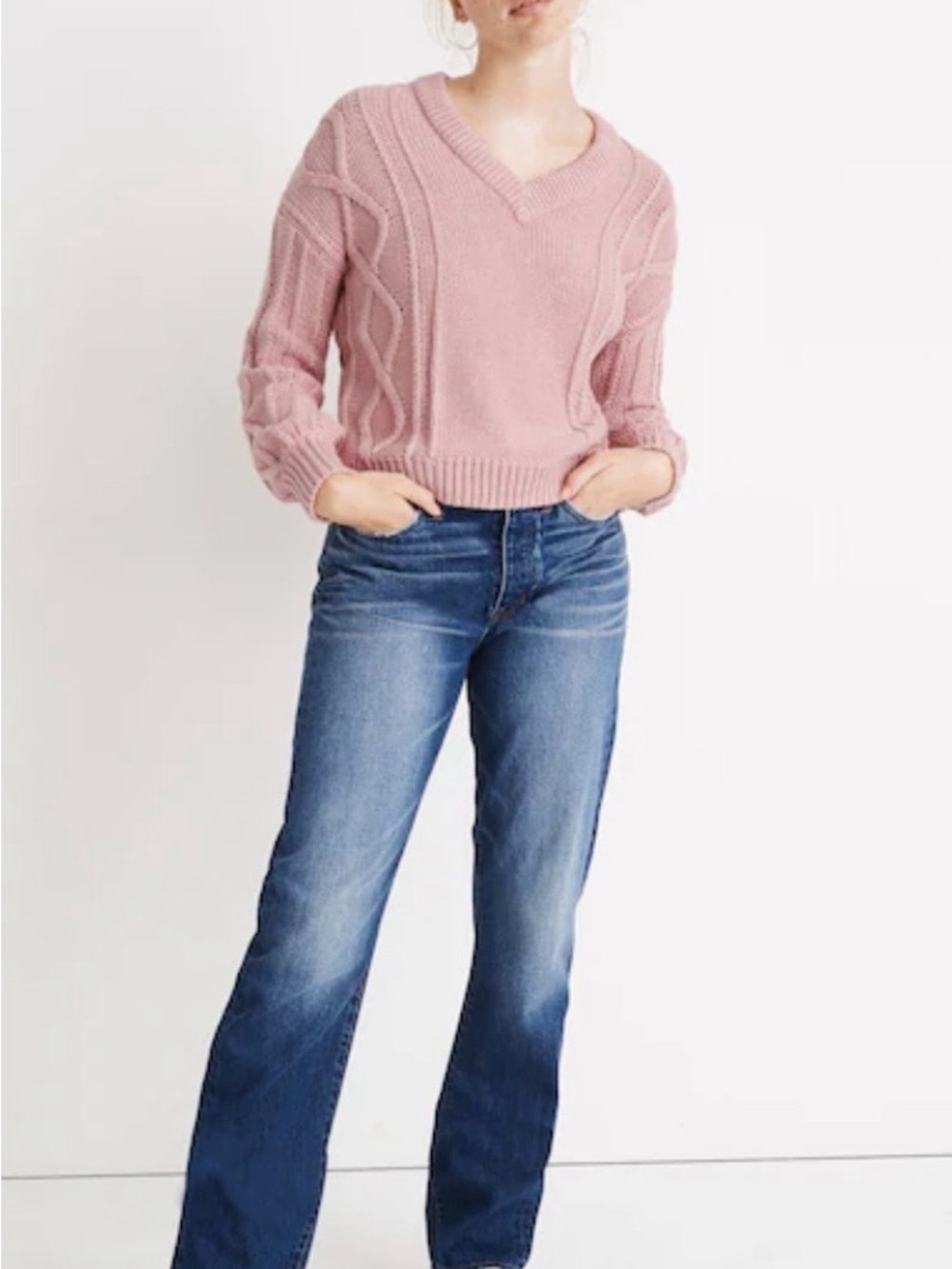 Madewell Augustus 100% Cotton Cable Knit V Neck Sweater